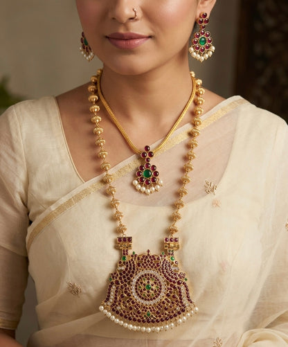 Gold tone precious kemp-green-white pearl peacock nakshi beaded combo set dj-54941
