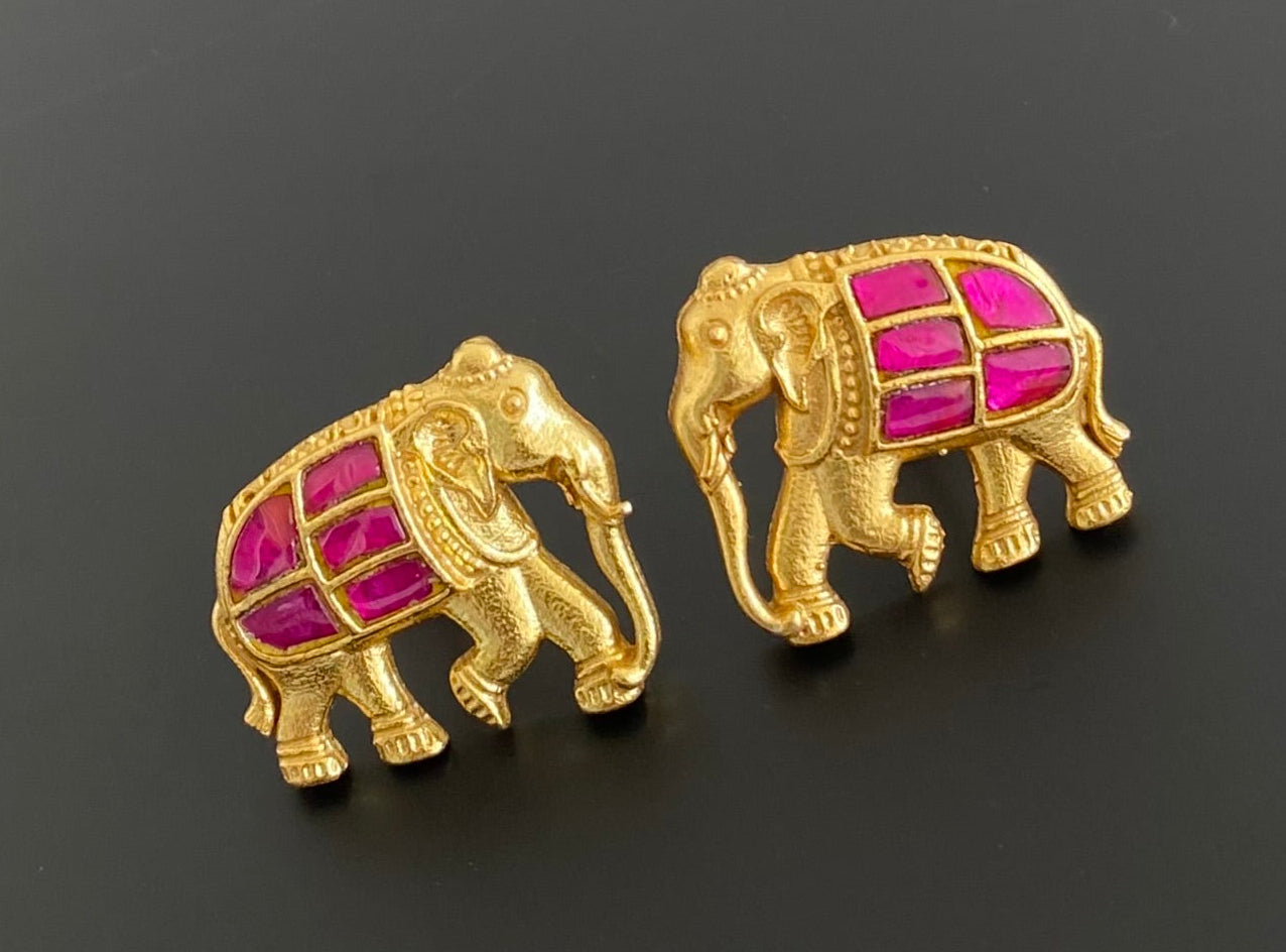 Gold tone pink kundan jadau elephant earrings dj-53533