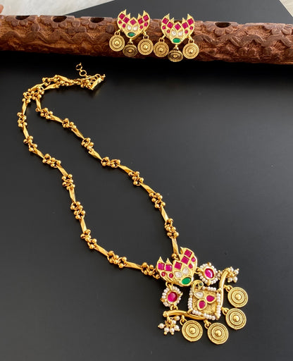 Antique gold tone Kundan jadau peacock pearl chain with pendant set dj-53854