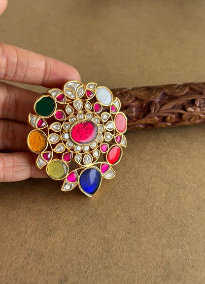 Gold tone navarathna kundan jadau flower pendant dj-51587