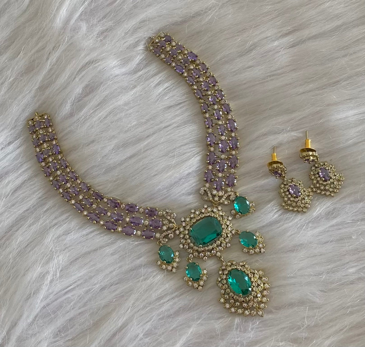 Antique gold tone cz white stone purple-green necklace set dj-54808