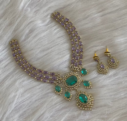 Antique gold tone cz white stone purple-green necklace set dj-54808
