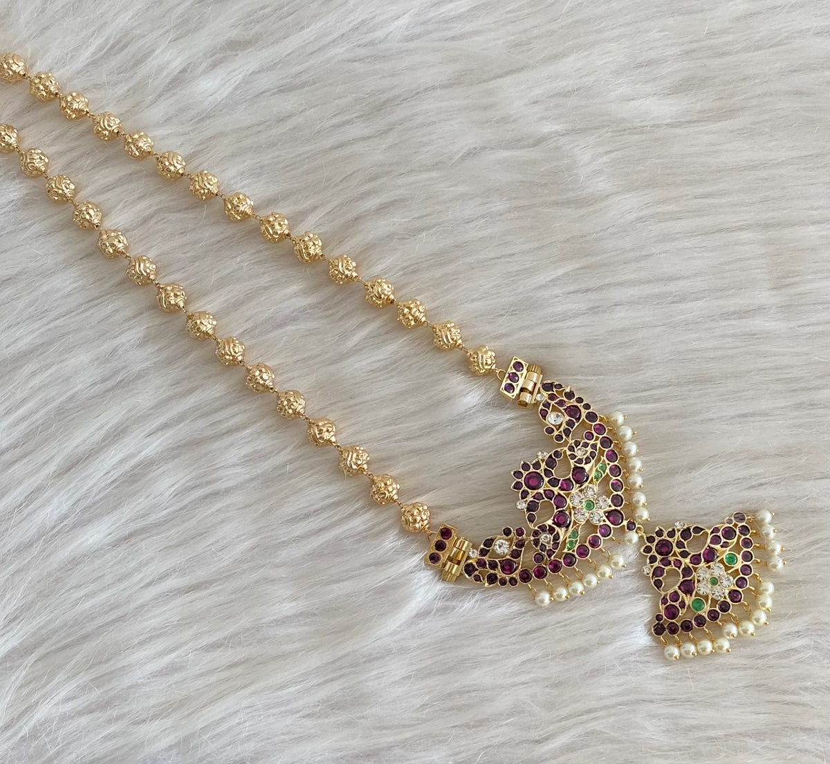 Gold tone precious kemp-green-white peacock flower nakshi beaded haar dj-54732