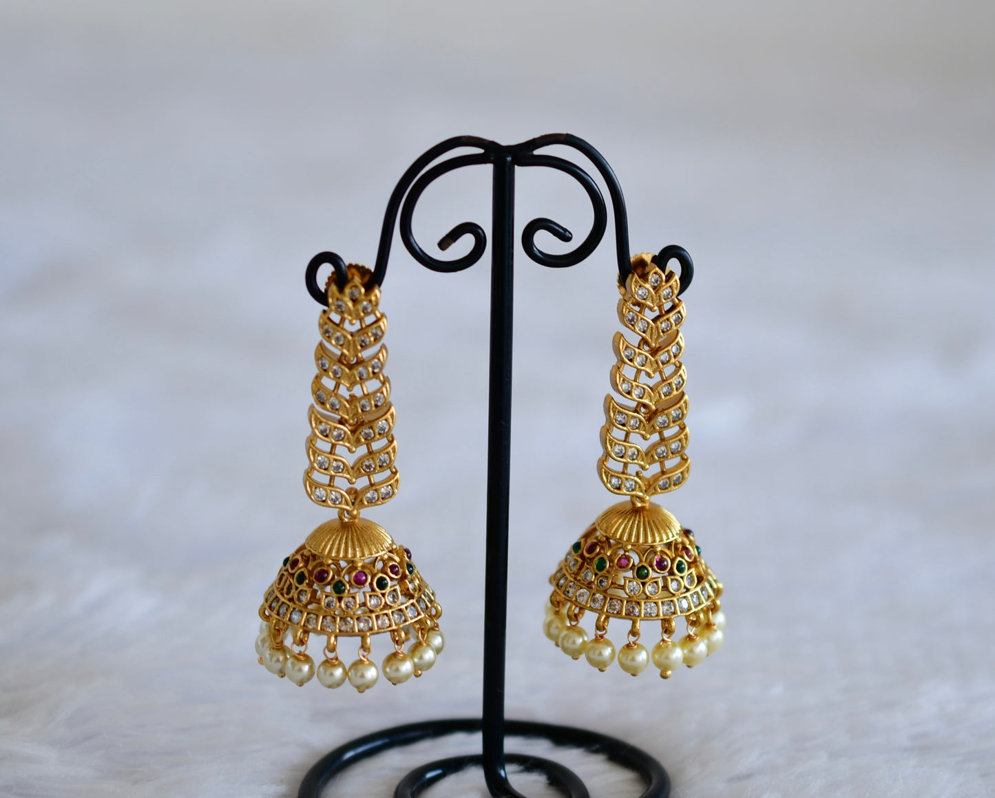 Matte finish cz kemp-green pearl long jhumkka dj-52553