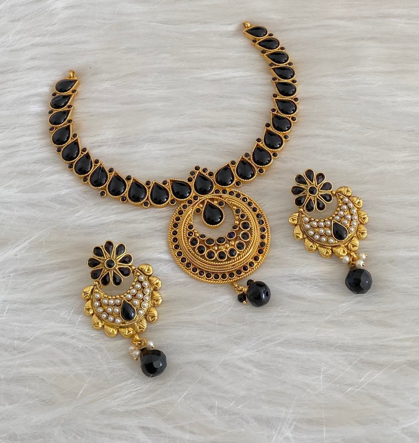 Antique gold tone black beaded pearl necklace set dj-54558
