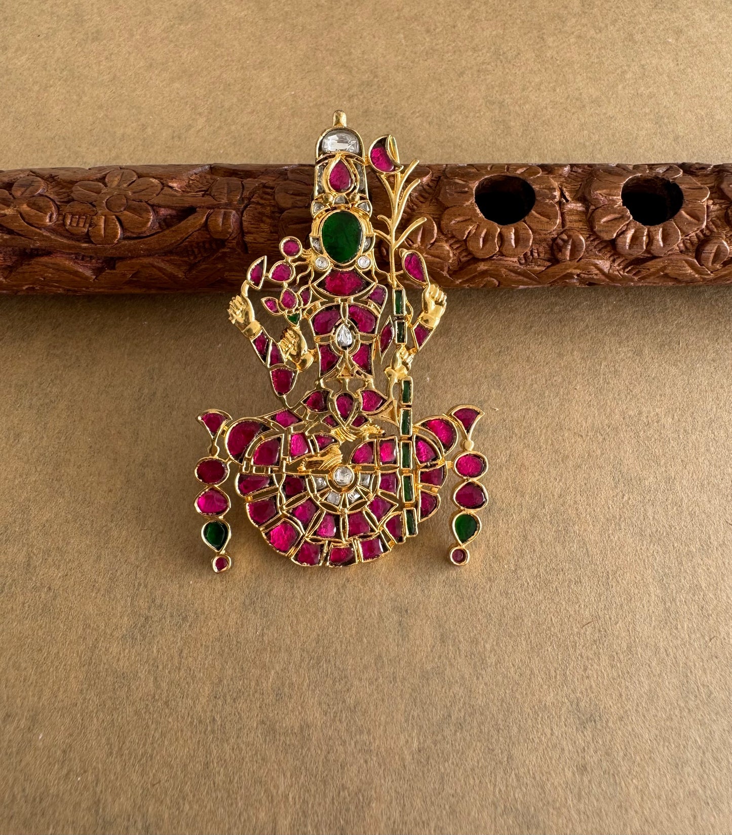 Gold tone pink-green-white kundan jadau Kamakshi pendant dj-51590