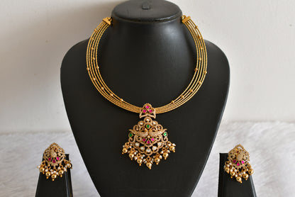 Antique gold tone pink-green kundan jadau kante necklace set dj-52419