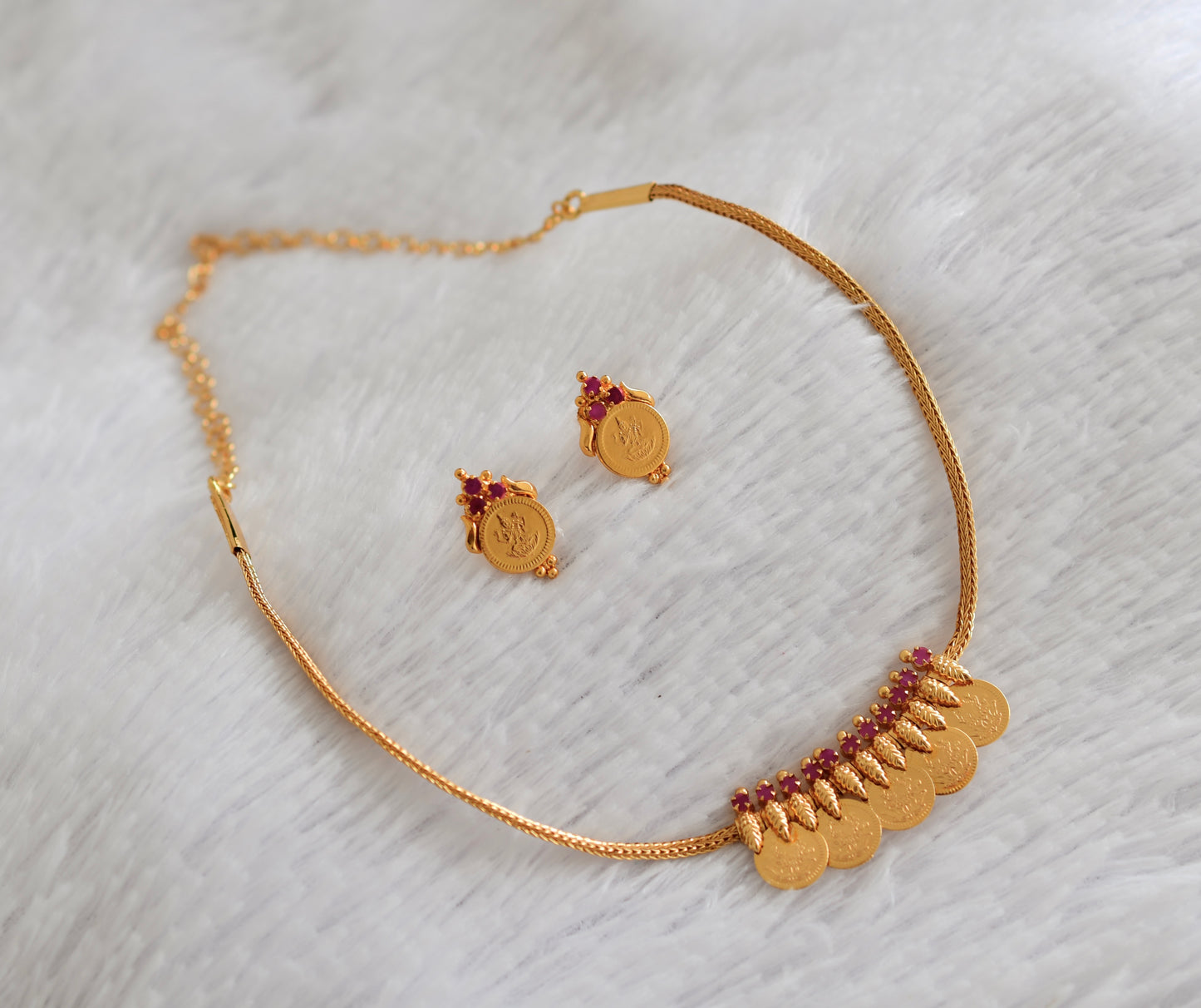 Gold tone kerala style ruby lakshmi coin necklace set dj-52682