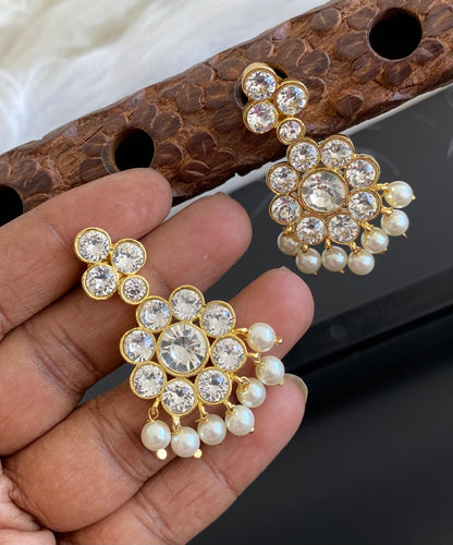 Gold tone precious white stone pearl earrings dj-53909