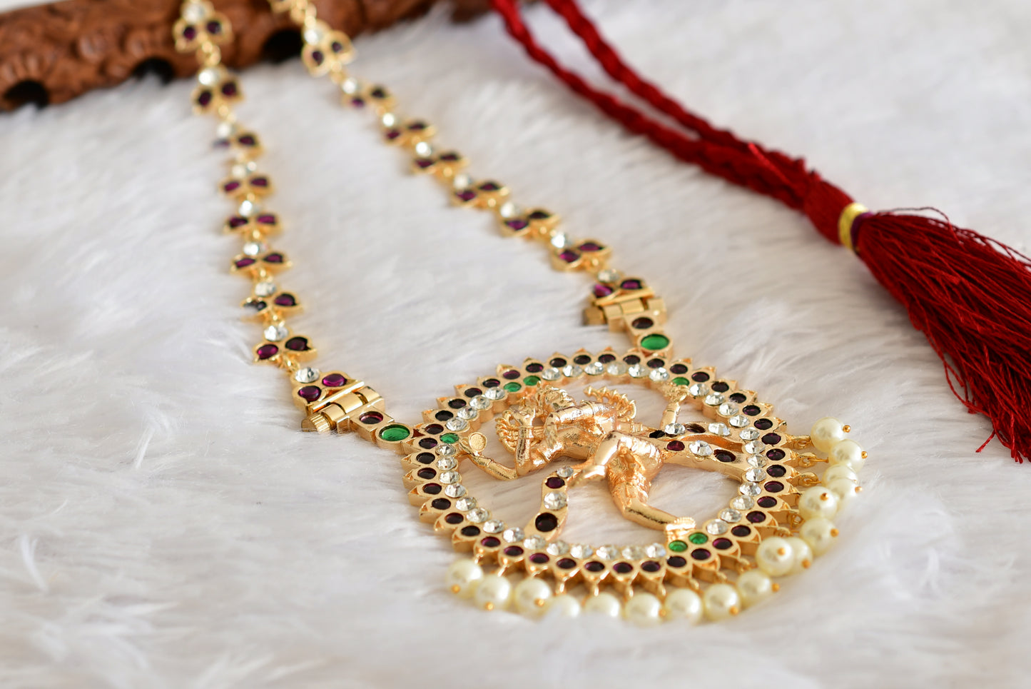 Gold tone precious kemp-green-white pearl Shri Natarajar haar dj-52264