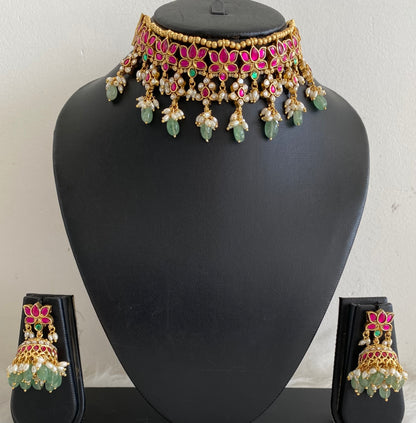 Antique gold tone kundan jadau lotus choker set dj-54510