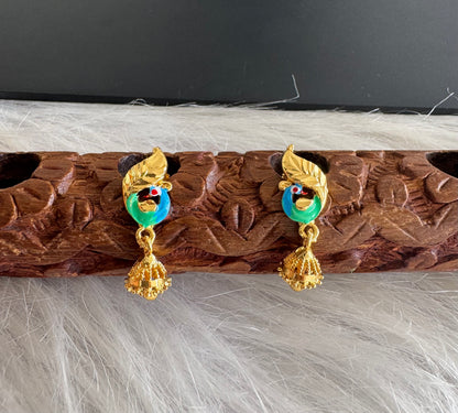 Gold tone blue-green small enamel peacock jhumkka dj-51288