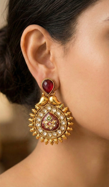Antique gold tone Meenakari red earrings -dj17072
