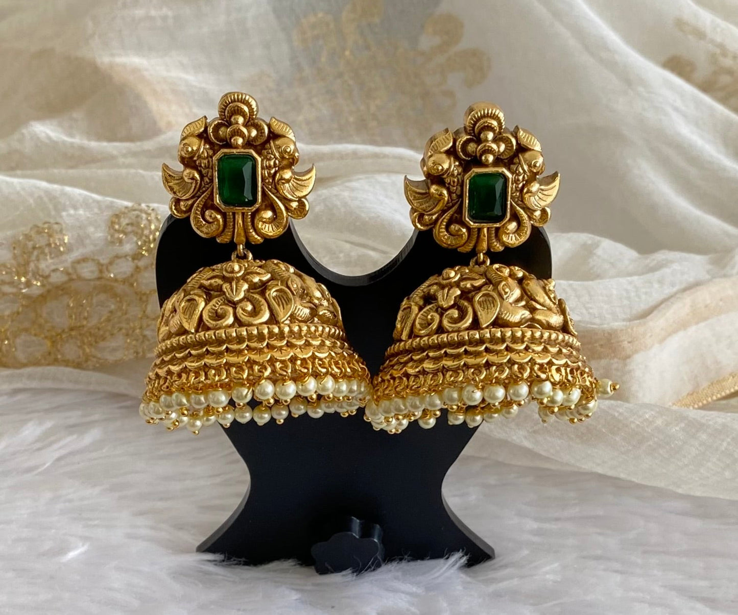 Antique gold tone green nakshi huge elephant pearl jhumkka dj-54039