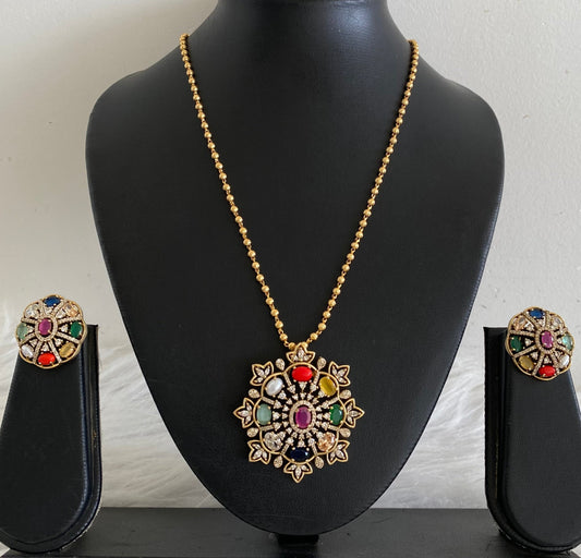 Antique gold tone chain with navarathna pendant set dj-54259