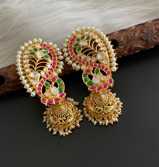 Gold tone kundan jadau big peacock khanpool jhumkka dj-53986