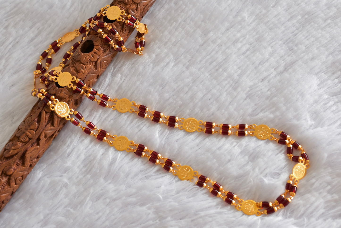 Gold tone 30 inches maroon beaded Lakshmi coin chain dj-51837