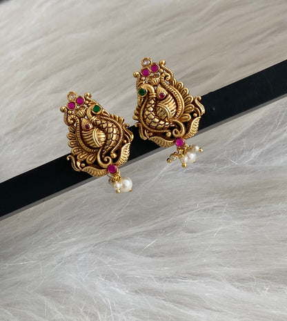 Antique gold tone pink-green-white stone peacock stud/earrings dj-54628