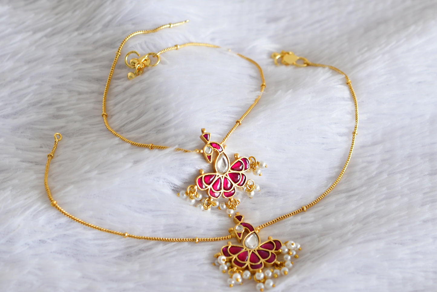 Gold tone pink-white peacock kundan jadau anklets dj-52399