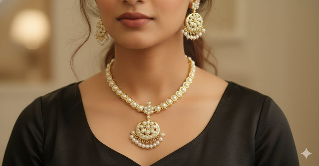 Gold Tone South Indian Style Pearl Attigai/Necklace Set DJ28345