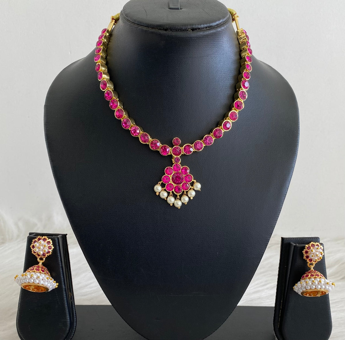 Gold tone AD balaji/rani pink stone pearl attigai necklace set dj-54989