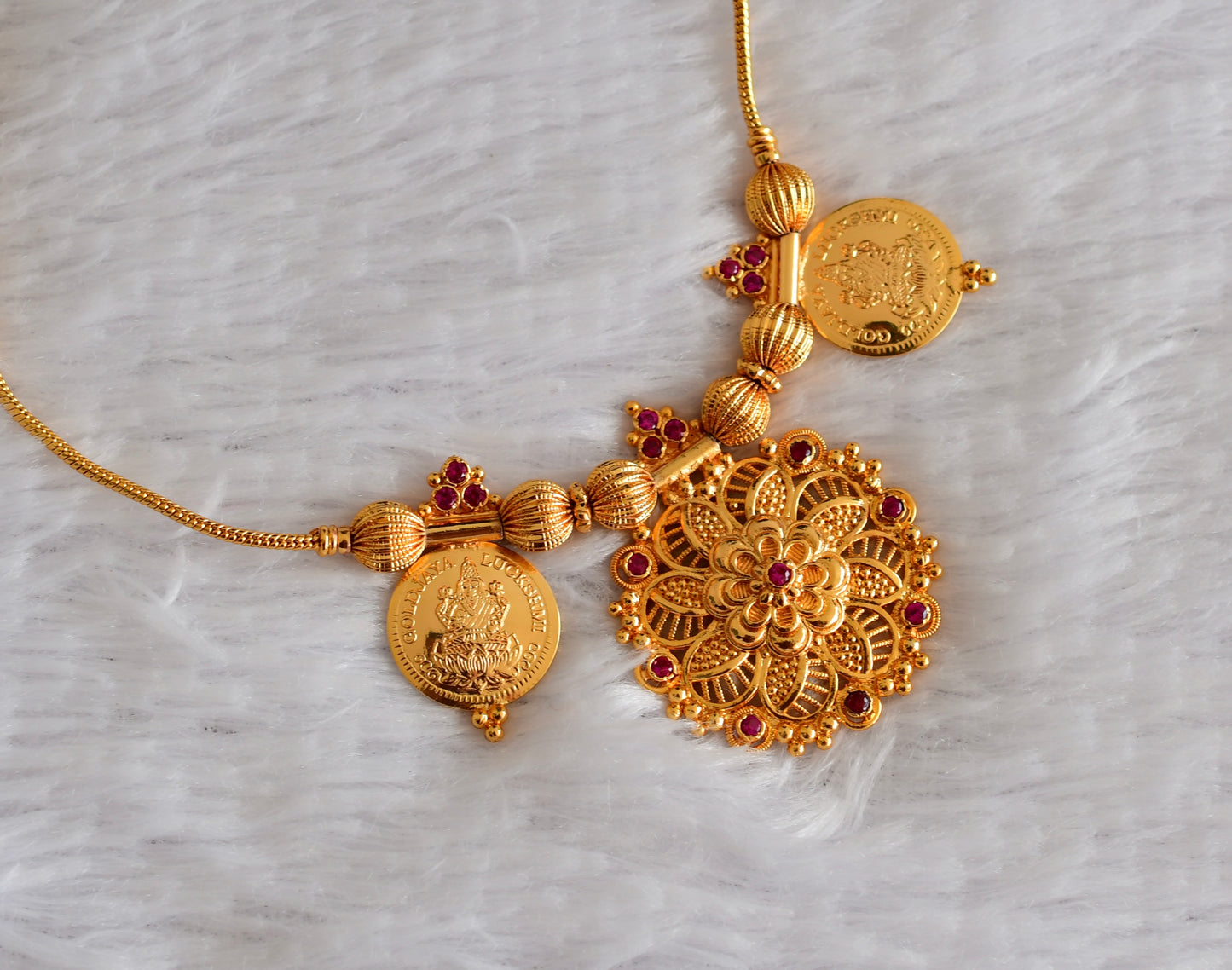 Gold tone AD pink flower lakshmi coin necklace dj-51843