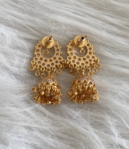 Gold tone south indian style AD white stone round  jhumkka dj-53866