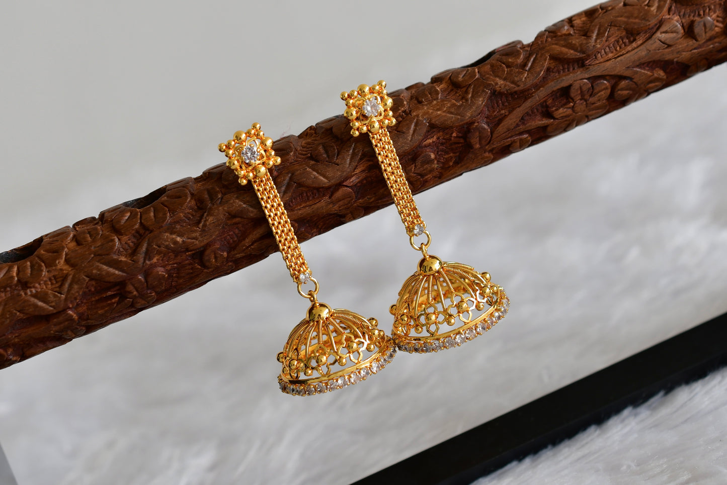 Gold Tone Kerala style white flower long jhumkka dj-51798