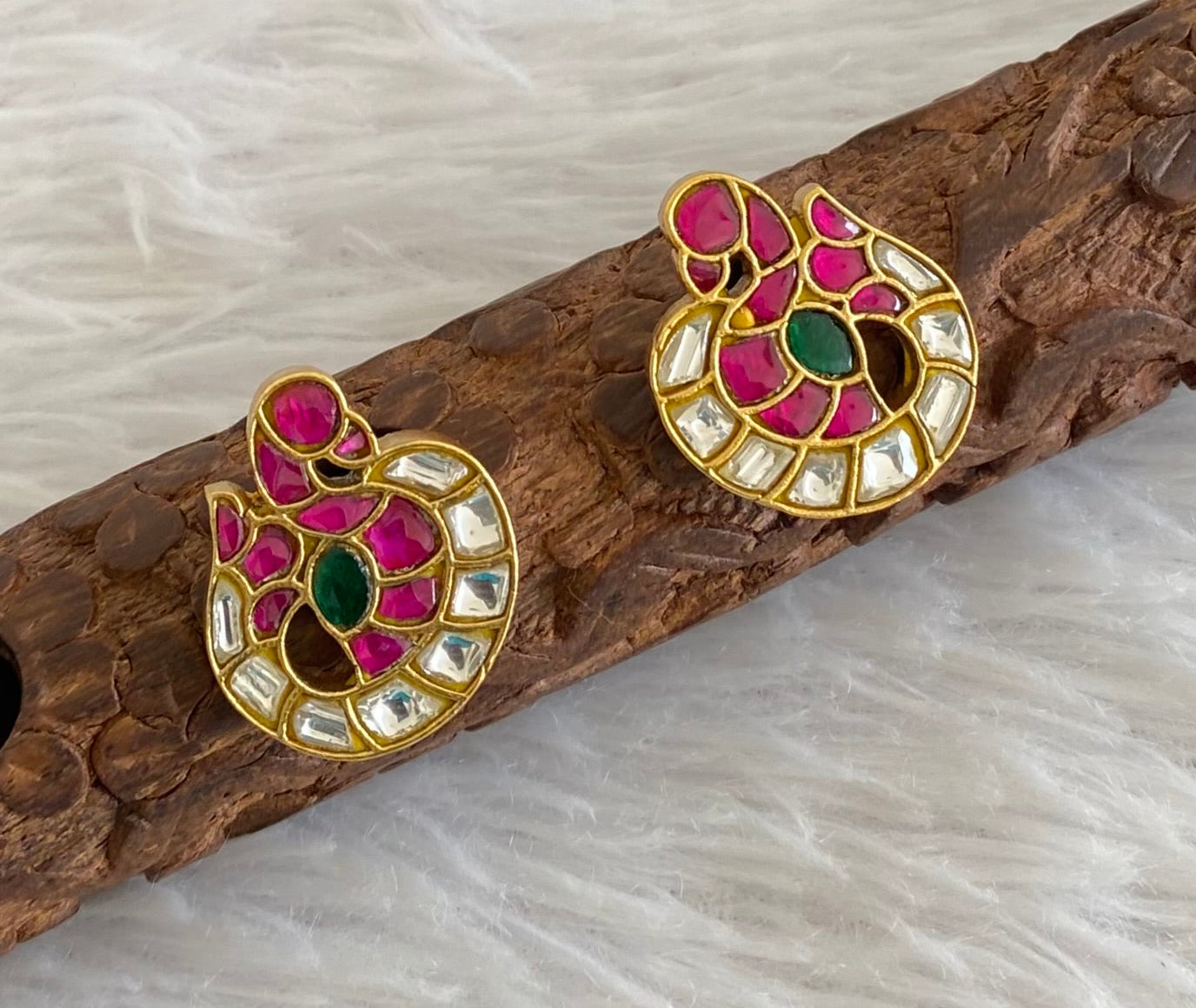Gold tone pink-green-white stone swan kundan jadau earrings dj-53584