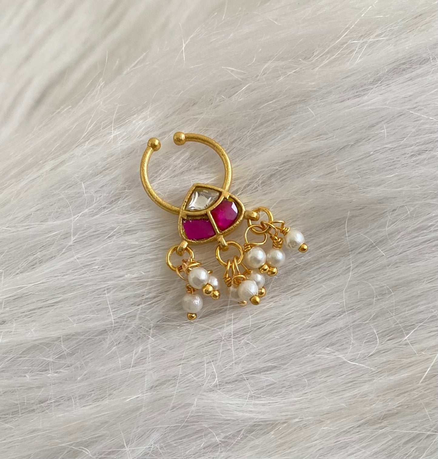 Gold tone kundan jadau pink-white stone pearl nose pin/bulakku dj-53797