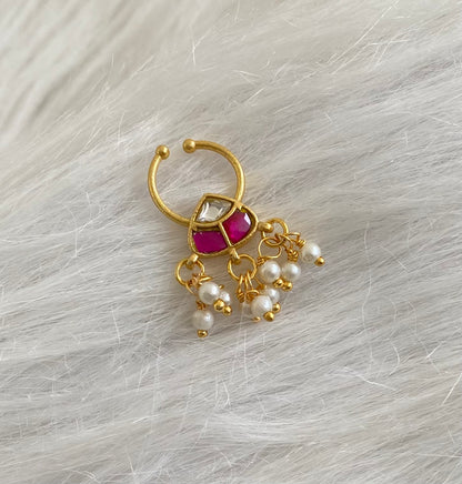 Gold tone kundan jadau pink-white stone pearl nose pin/bulakku dj-53797