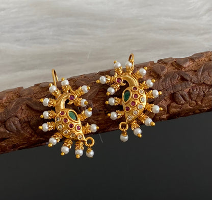 Matte gold pink-white-green stone pearl peacock bugadi earrings dj-53673