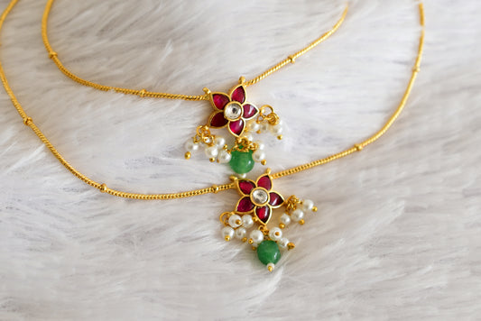 Gold tone pink-green-white flower kundan jadau anklets dj-52392
