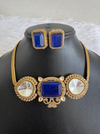 Antique gold tone cz big stone white-royal blue choker necklace set dj-51084