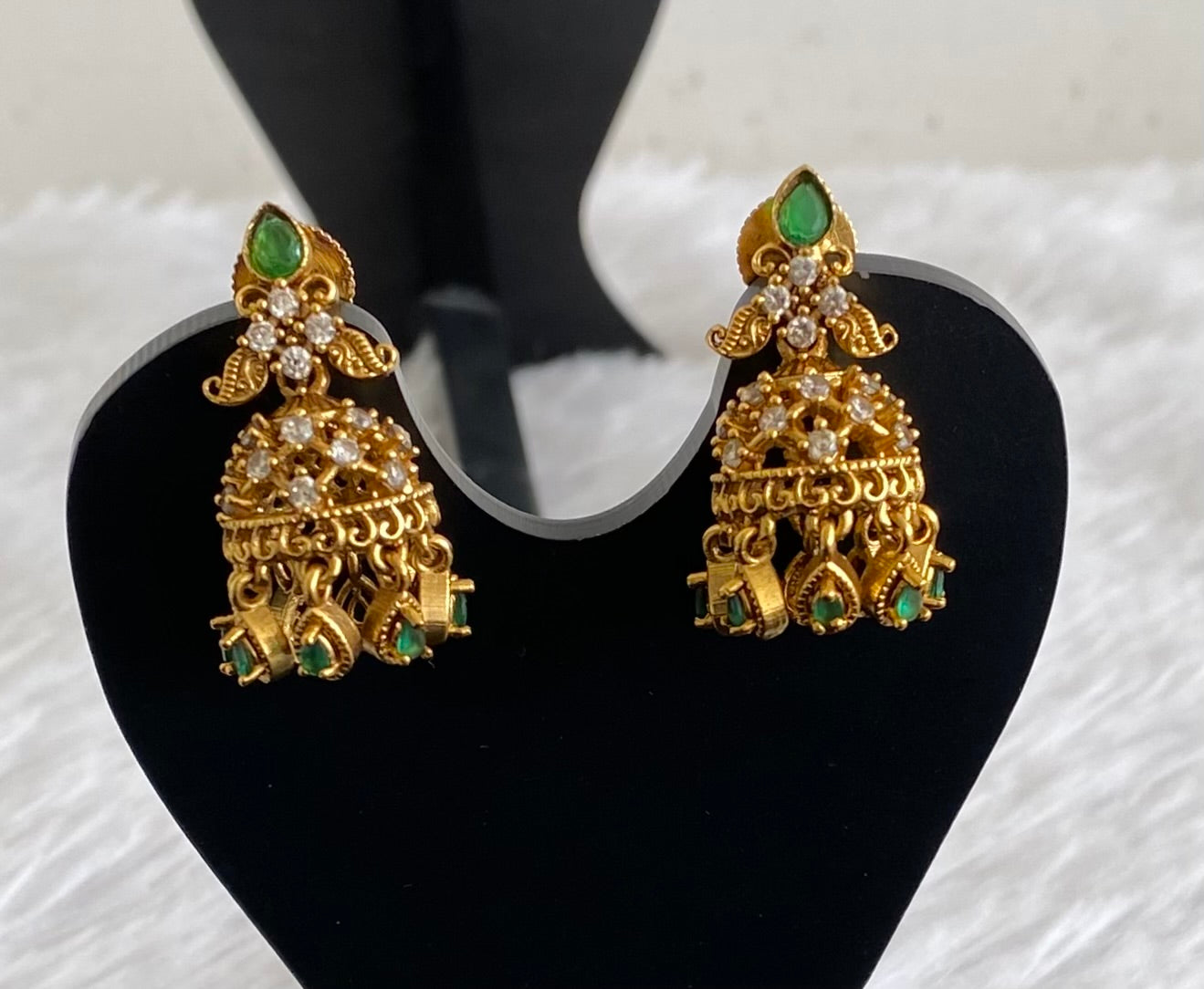 Antique gold tone white -green stone jhumkka dj-53565