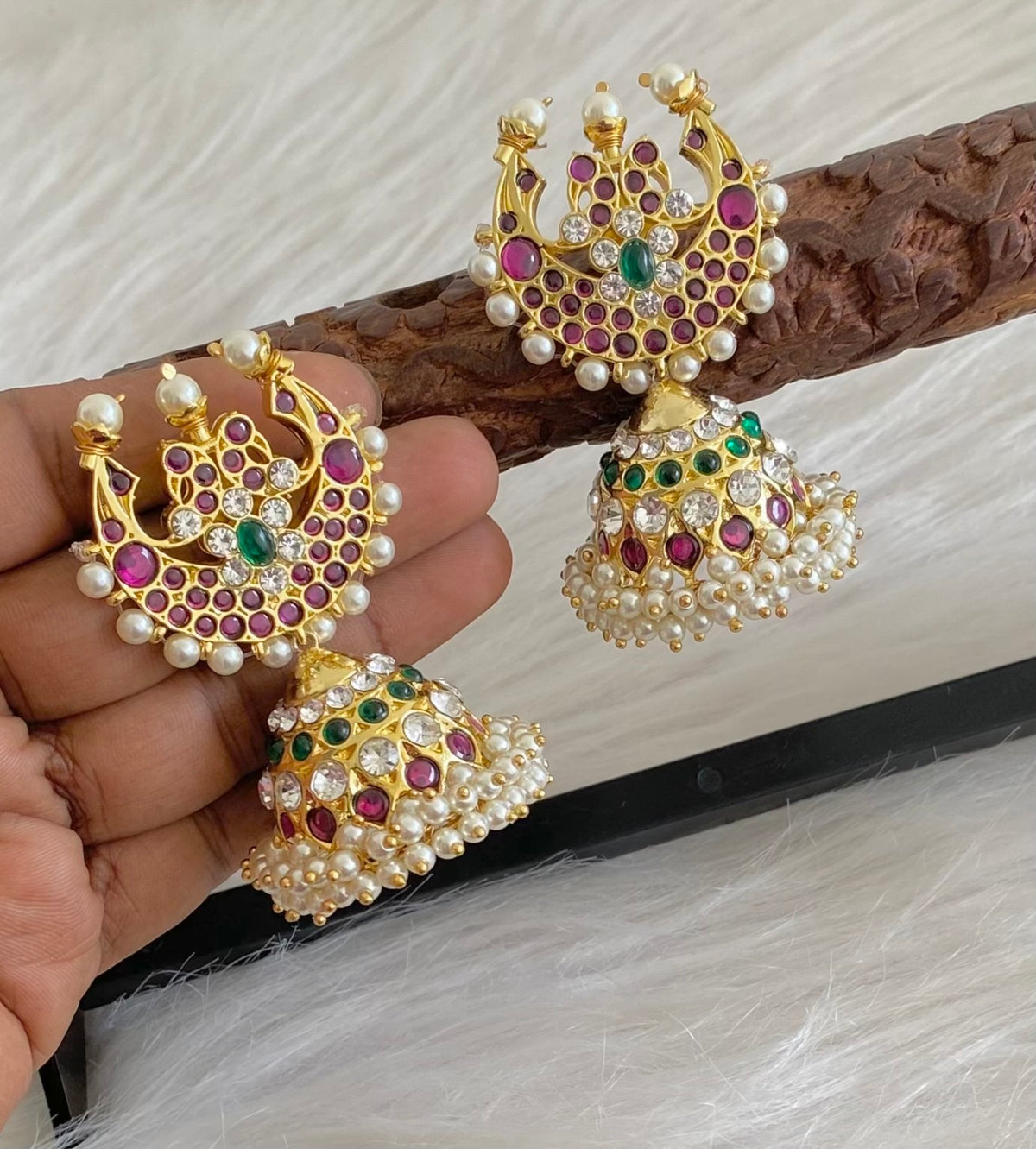 Gold tone precious kemp-green moon big jhumkka DJ31472