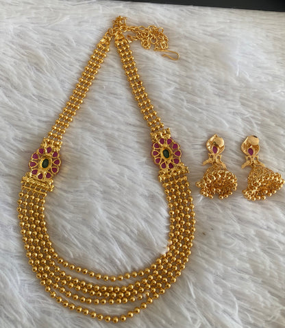 Gold tone ruby-emerald mugappu multilayer chain set dj-52904