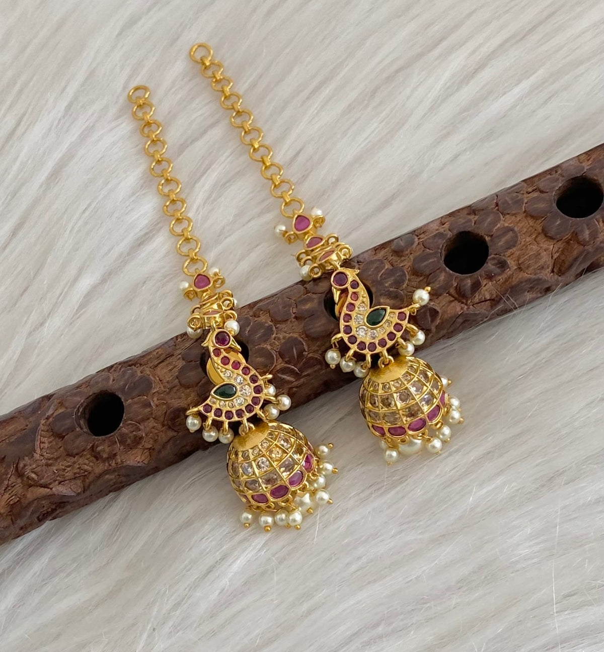 Antique gold tone pearl swan jhumkka with ear side chain dj-55095