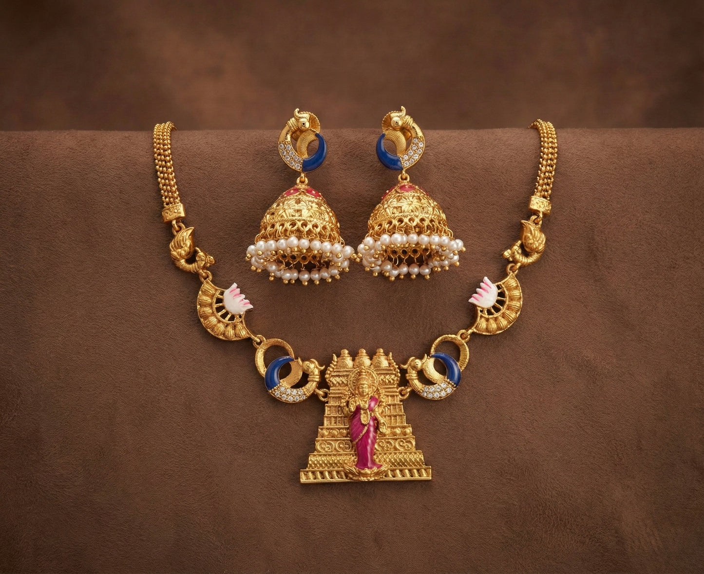 Matte finish Red-pink-blue meenakari Ma Meenakshi necklace set dj-52075