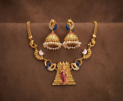 Matte finish Red-pink-blue meenakari Ma Meenakshi necklace set dj-52075