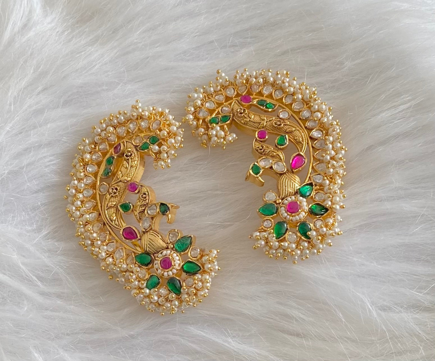 Gold tone green-pink-white kundan jadau big peacock khanpool earrings dj-54573