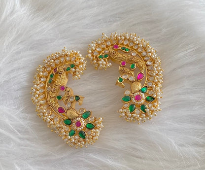 Gold tone green-pink-white kundan jadau big peacock khanpool earrings dj-54573