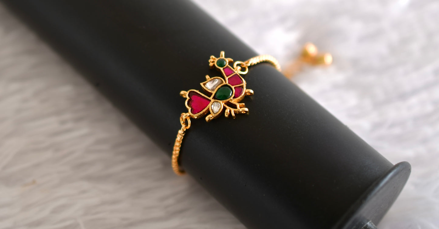 Gold tone pink-green kundan jadau peacock bracelet dj-52671
