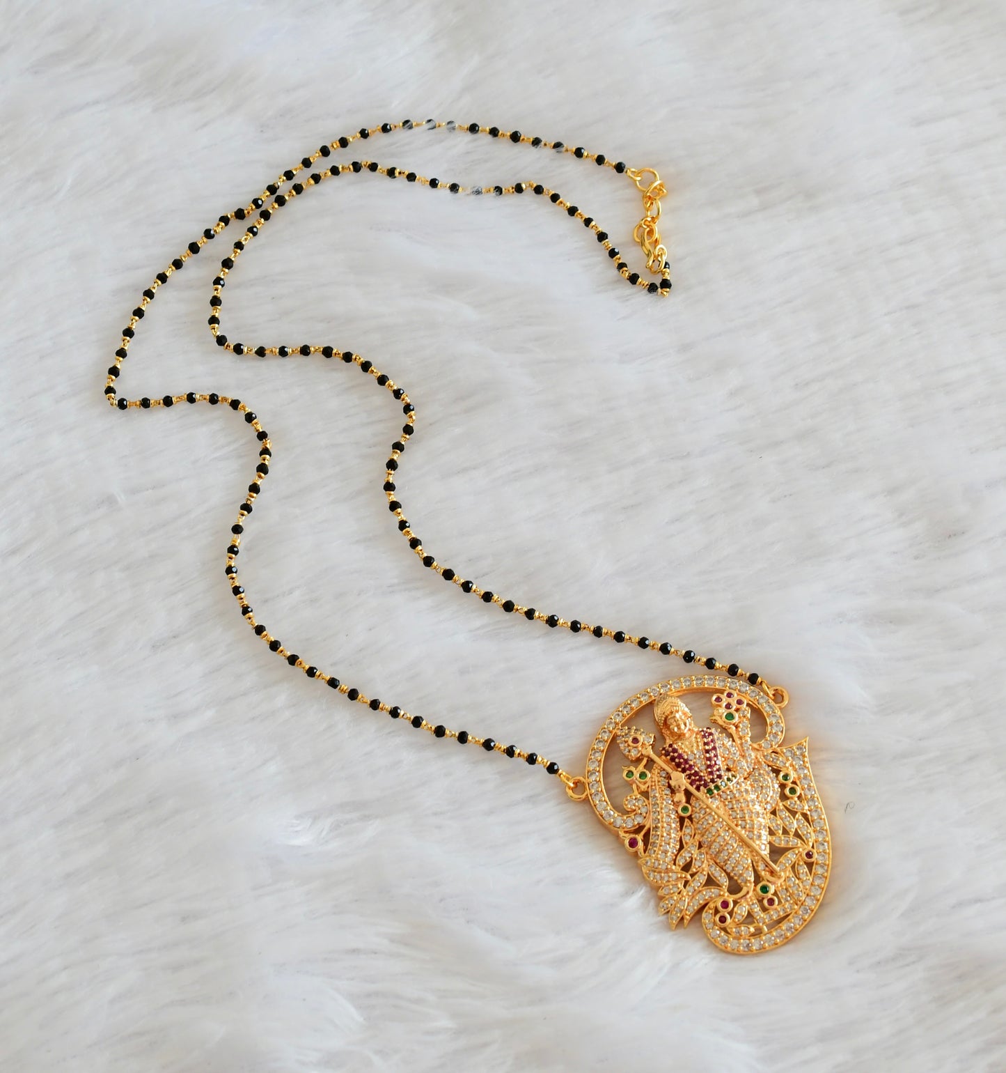 Gold tone tamil om murugan white-pink-green pendant with crystal karimani beaded chain dj-53342
