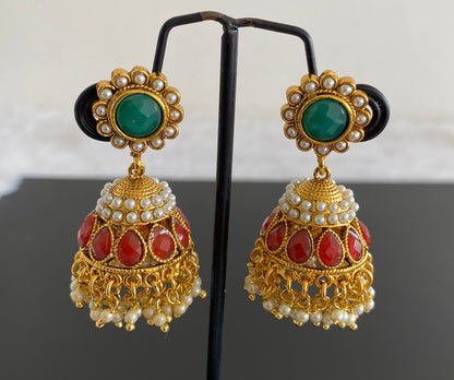 Antique gold tone red-green pearl jhumkka dj-52931