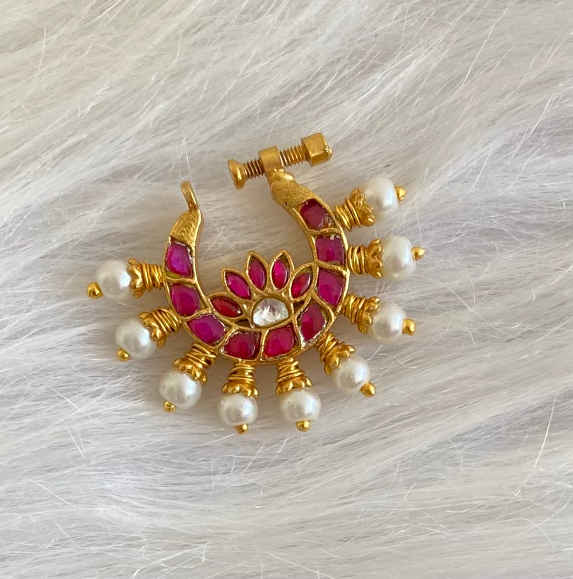Gold tone kundan jadau pink-white stone pearl nose pin dj-53715