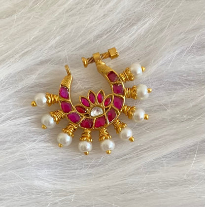 Gold tone kundan jadau pink-white stone pearl nose pin dj-53715