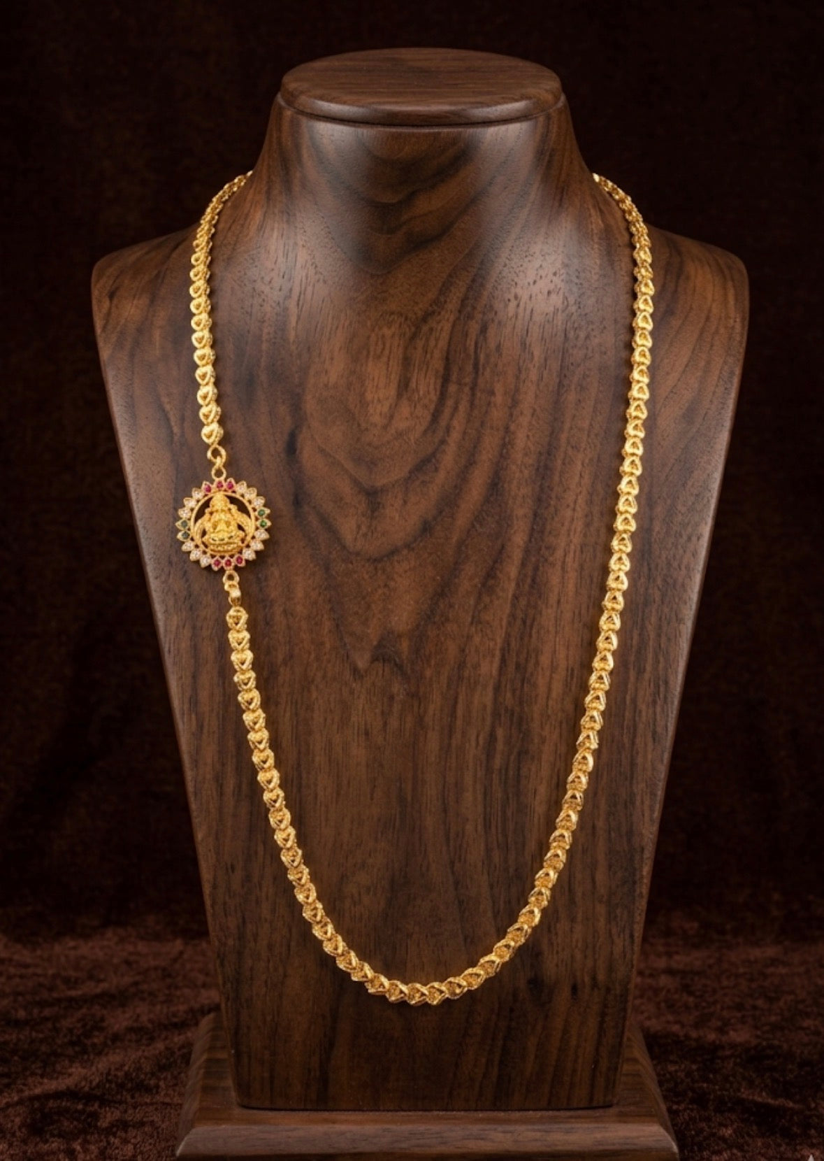 Gold tone white-green-pink stone lakshmi Mugappu chain dj-53108