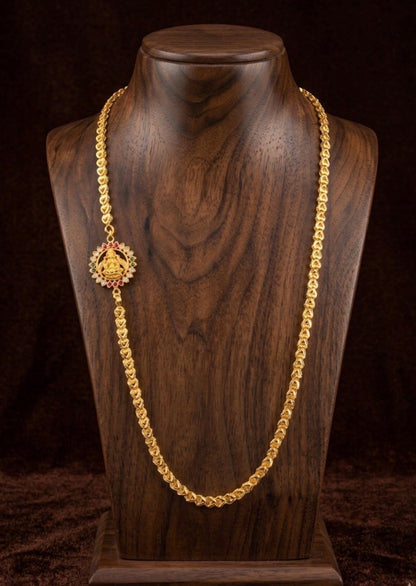 Gold tone white-green-pink stone lakshmi Mugappu chain dj-53108
