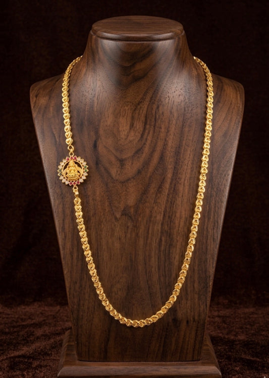 Gold tone white-green-pink stone lakshmi Mugappu chain dj-53108